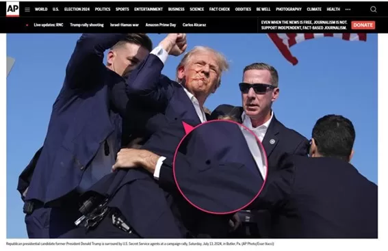 Foto não mostra buraco de tiro no terno de Trump após atentado, e sim dobra no tecido