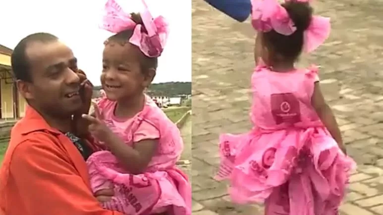 Sem dinheiro, pai transforma sacolas de mercado em fantasia de princesa para filha ir à festa: “Muito emocionante”