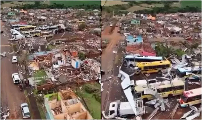 Cidade de Rio Bonito do Iguaçu, no Paraná, está devastada após tornado que atingiu a região na última sexta-feira, 7 Foto: @metsul via X/Twitter