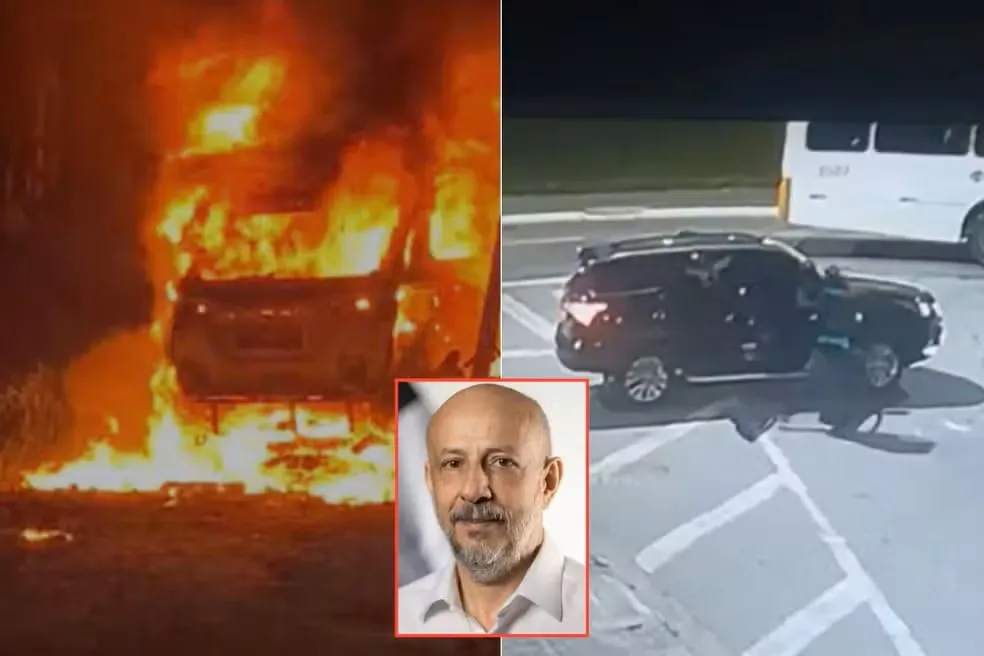 Carro suspeito de ter sido usado na execução do delegado Ruy Ferraz Fontes é encontrado em chamas em Praia Grande, SP — Foto: Reprodução e Prefeitura de Praia Grande